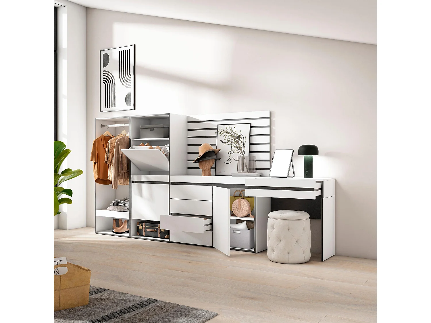 Meuble à Chaussures, 297x35x145cm, Chambre à coucher, pièce, Vestiaire ouvert, Commode, Buffet, Panneaux Muraux en Bois, Coiffeuse, Blanc