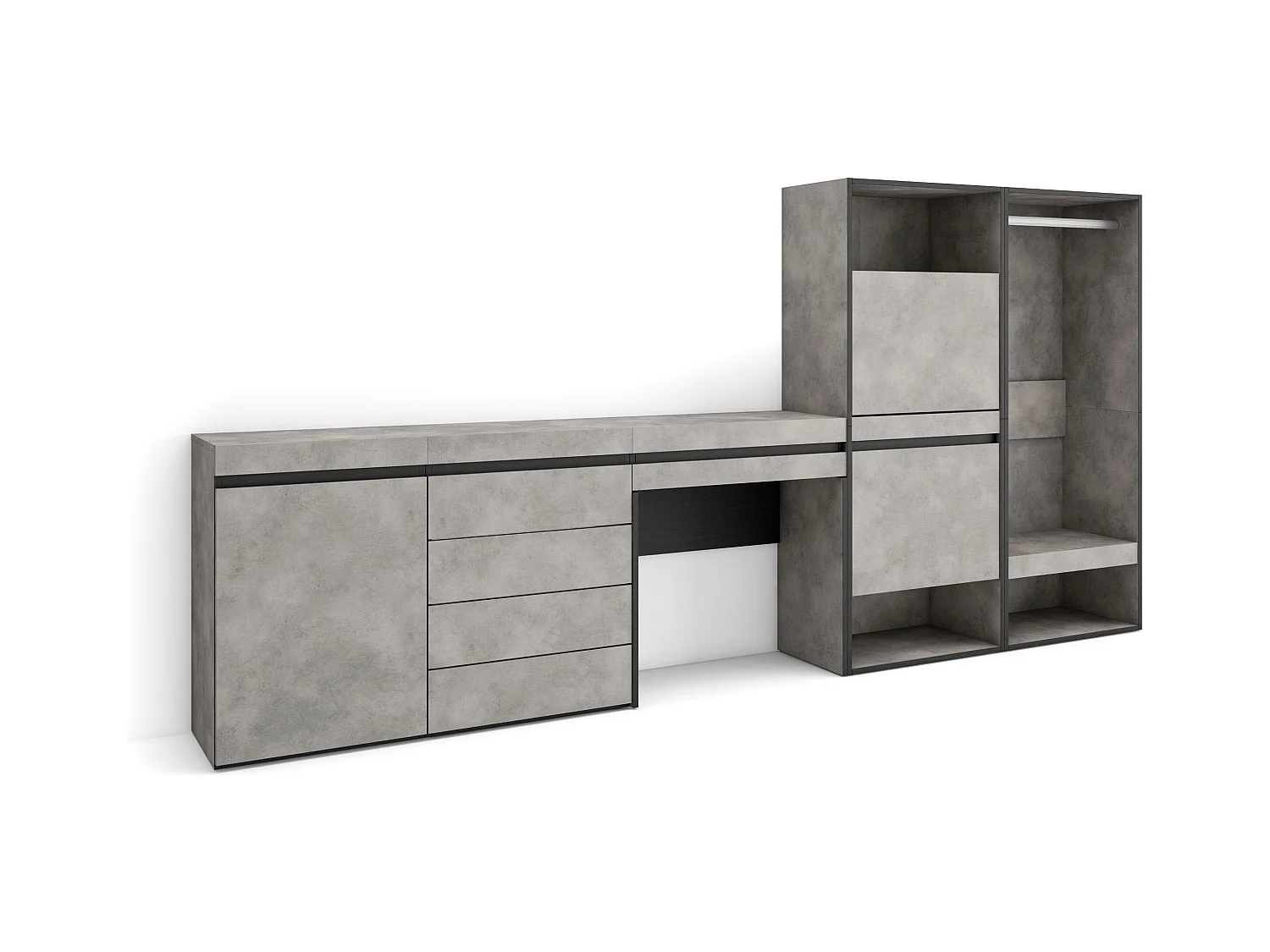 Meuble à Chaussures, 297x35x145 cm, Chambre à coucher, pièce, Vestiaire ouvert, Commode, Buffet, Coiffeuse, Ciment