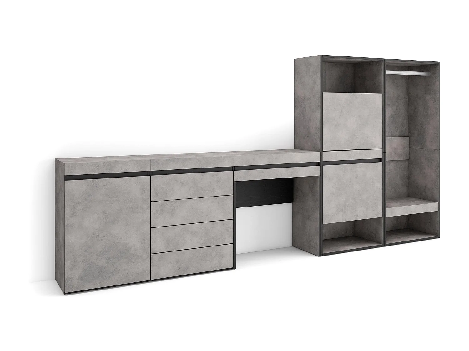 Meuble à Chaussures, 297x35x145 cm, Chambre à coucher, pièce, Vestiaire ouvert, Commode, Buffet, Coiffeuse, Ciment