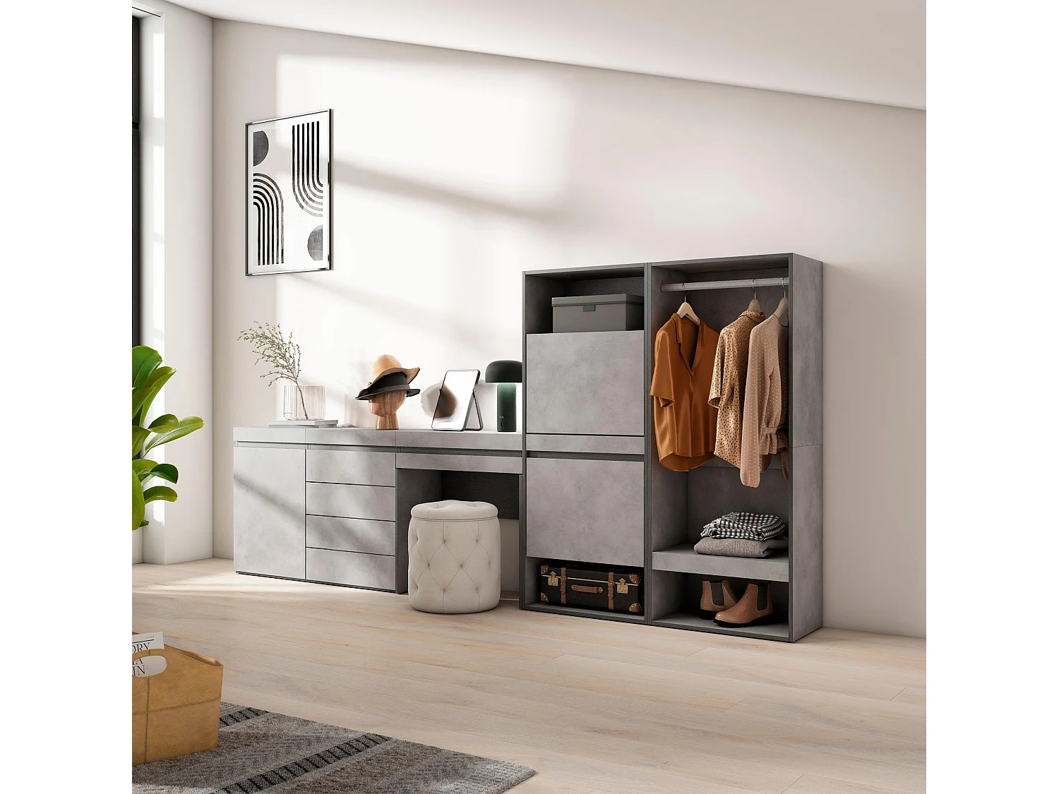 Meuble à Chaussures, 297x35x145cm, Chambre à coucher, pièce, Vestiaire ouvert, Commode, Buffet, Coiffeuse, Ciment