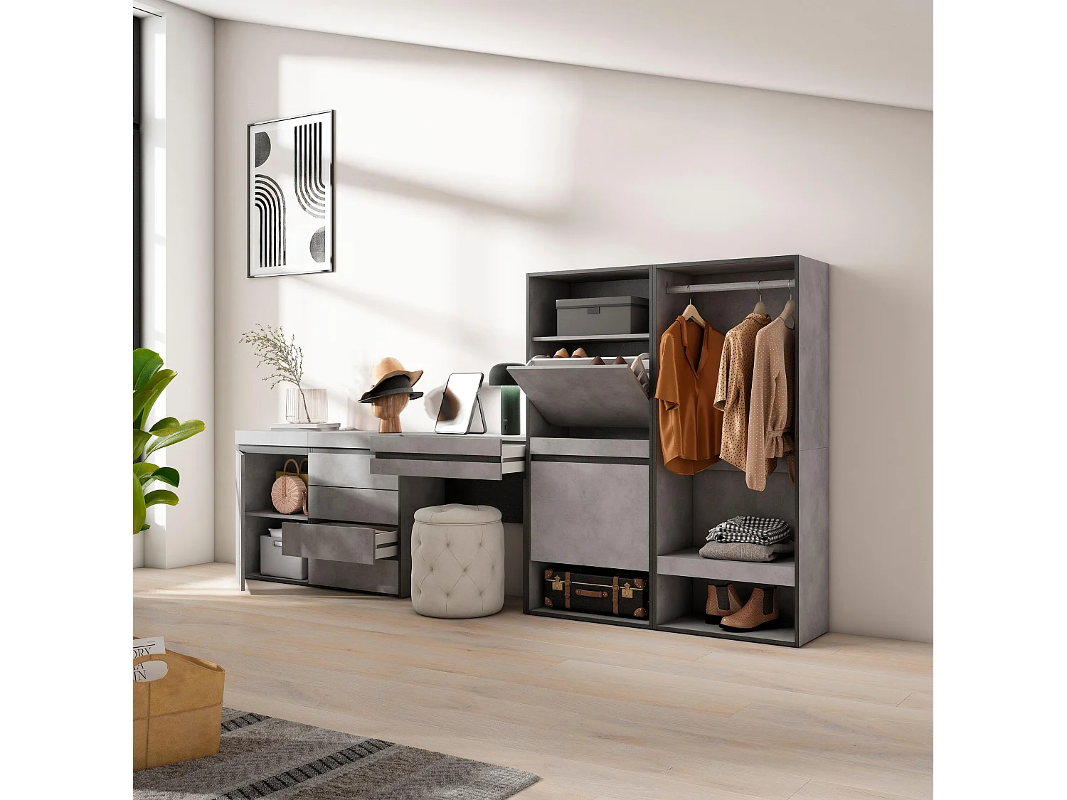 Meuble à Chaussures, 297x35x145cm, Chambre à coucher, pièce, Vestiaire ouvert, Commode, Buffet, Coiffeuse, Ciment