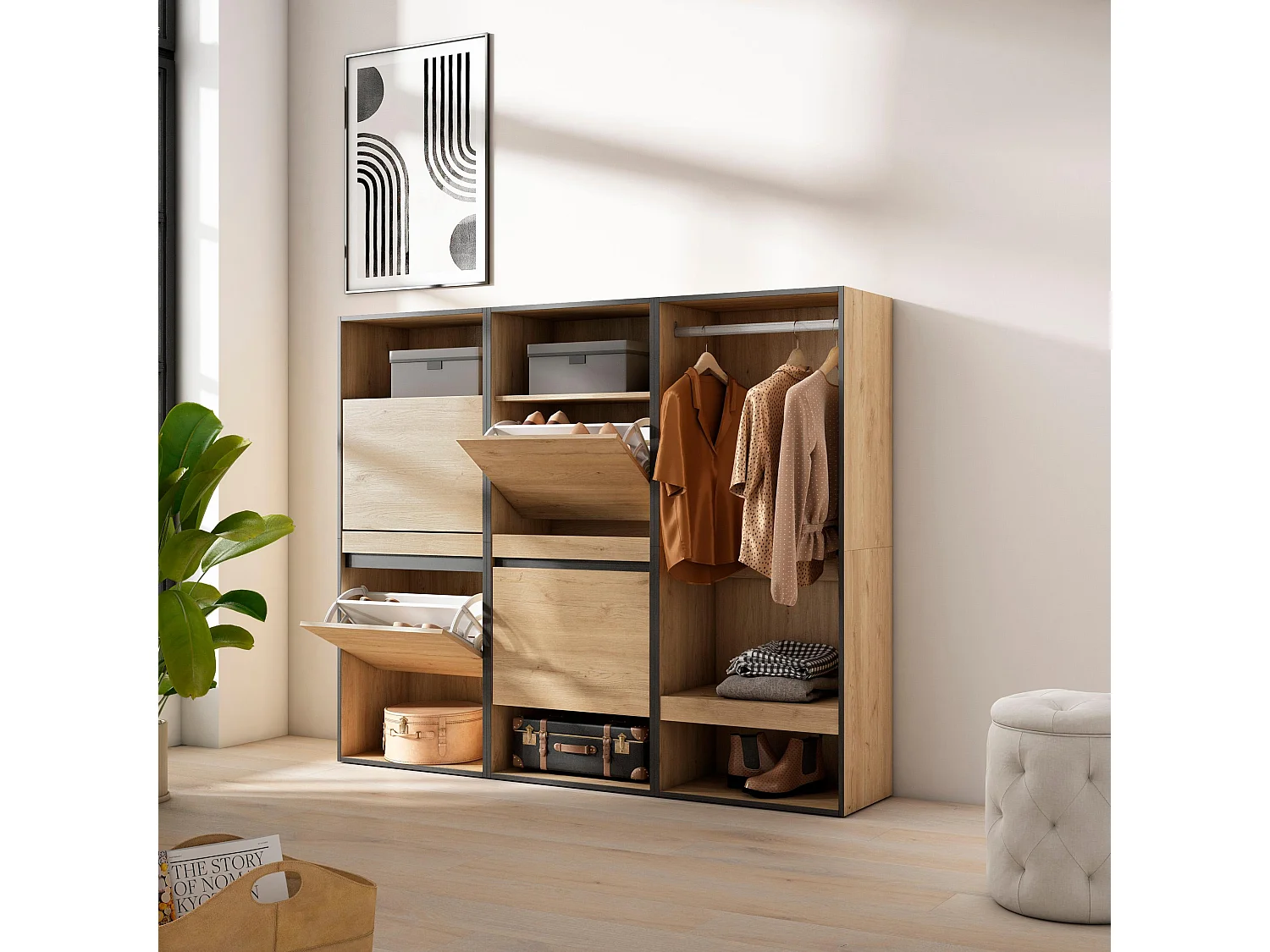 Meuble à Chaussures, 180x35x145cm, Chambre à coucher, pièce, Vestiaire ouvert, Chêne