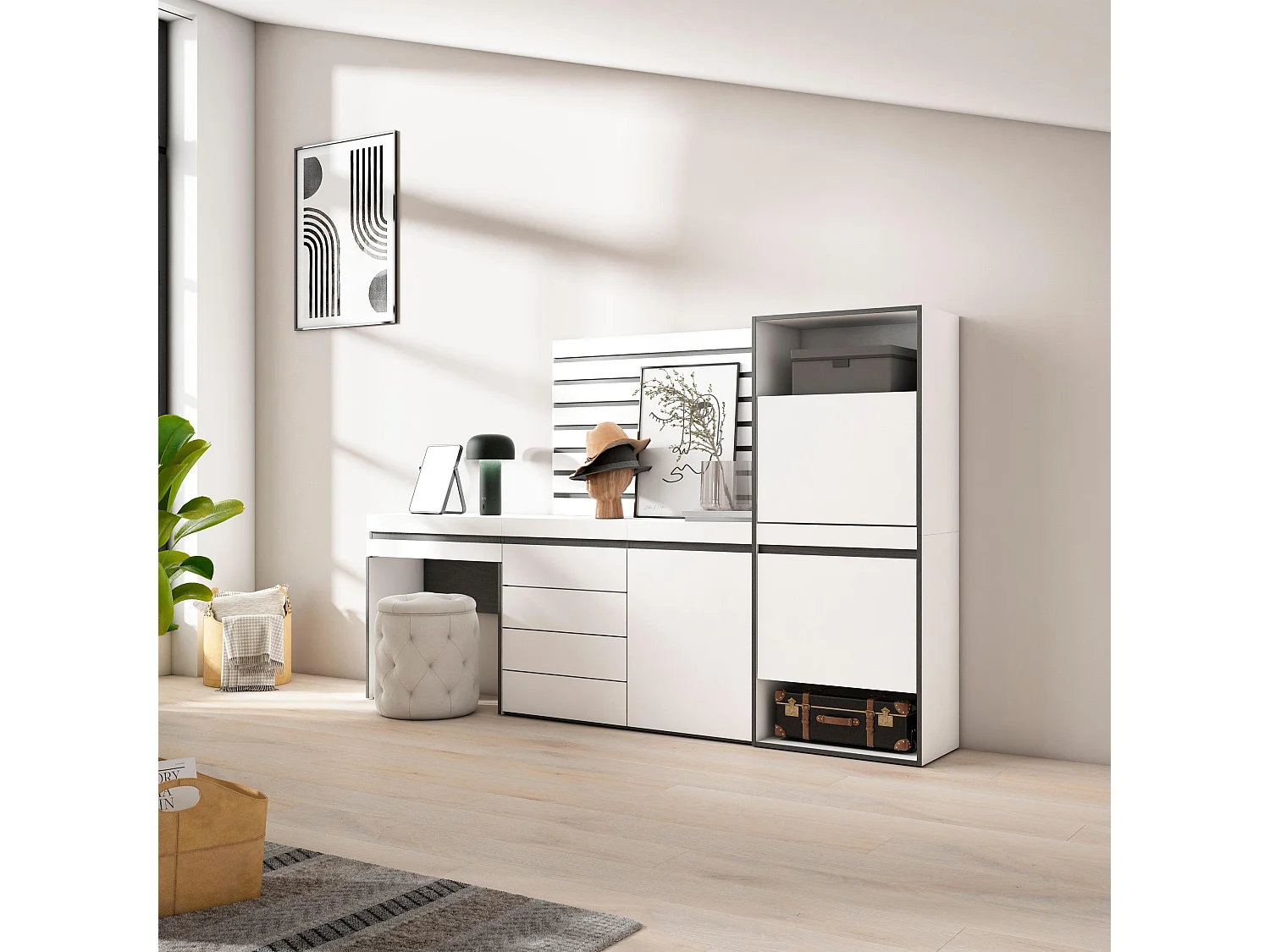 Meuble à Chaussures, 237x35x145 cm, Chambre à coucher, pièce, Commode, Buffet, Panneaux Muraux en Bois, Coiffeuse, Blanc