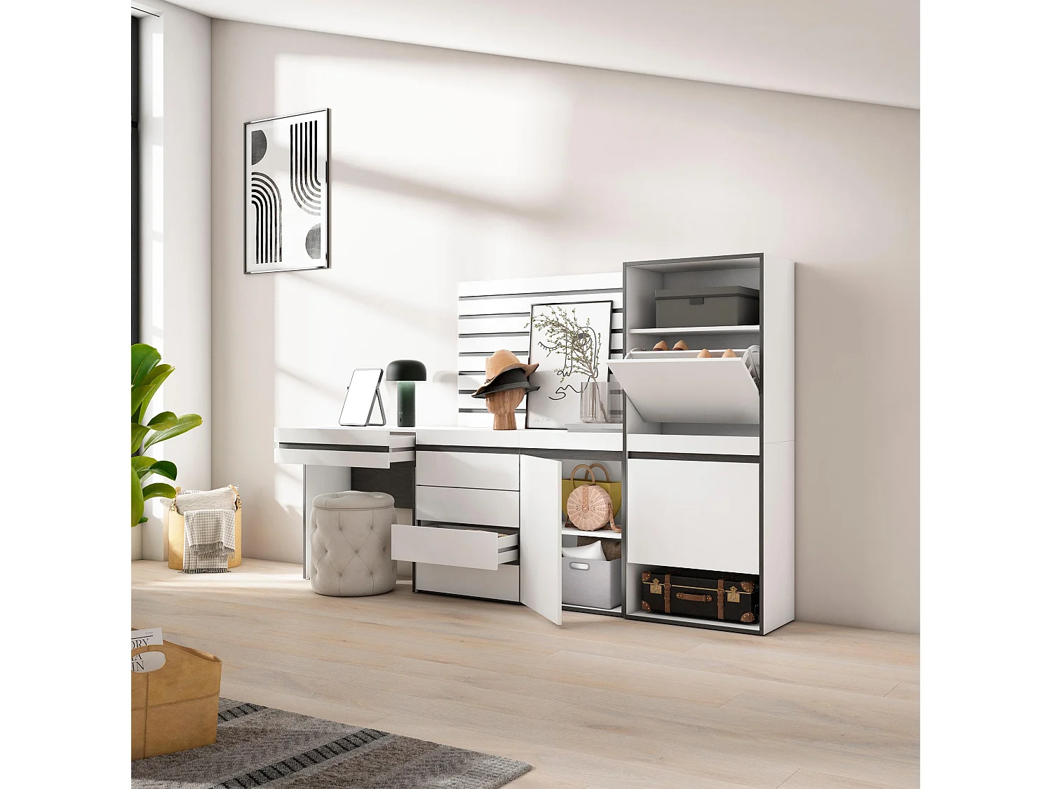 Meuble à Chaussures, 237x35x145 cm, Chambre à coucher, pièce, Commode, Buffet, Panneaux Muraux en Bois, Coiffeuse, Blanc