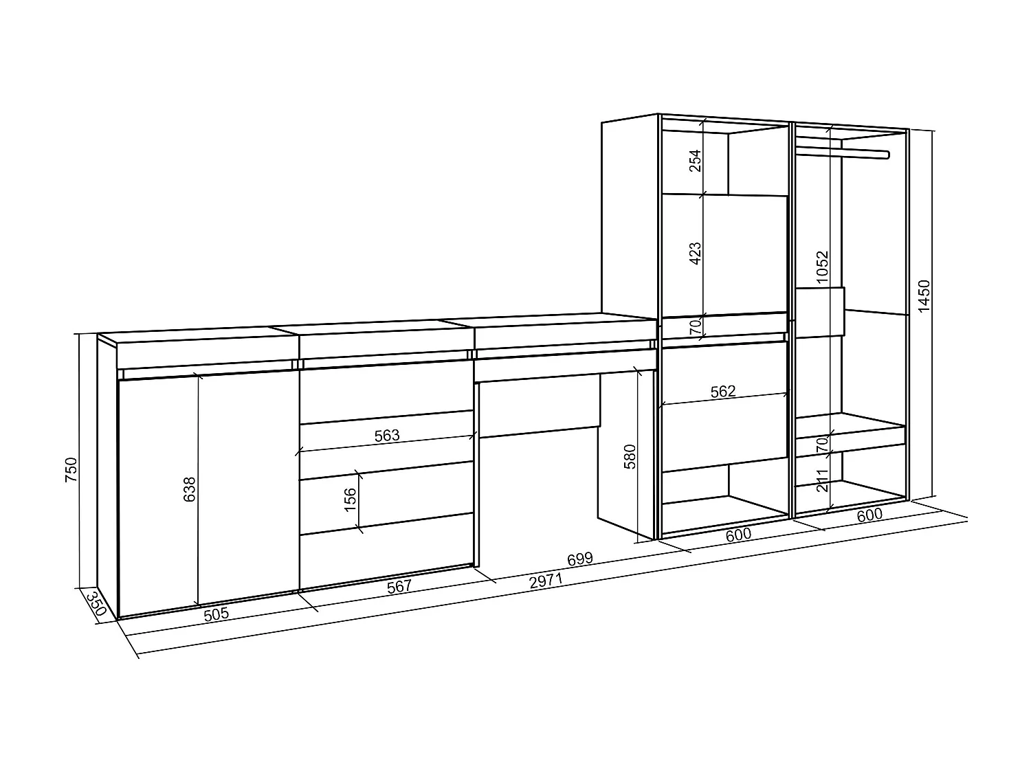 Meuble à Chaussures, 297x35x145 cm, Chambre à coucher, pièce, Vestiaire ouvert, Commode, Buffet, Coiffeuse, Chêne