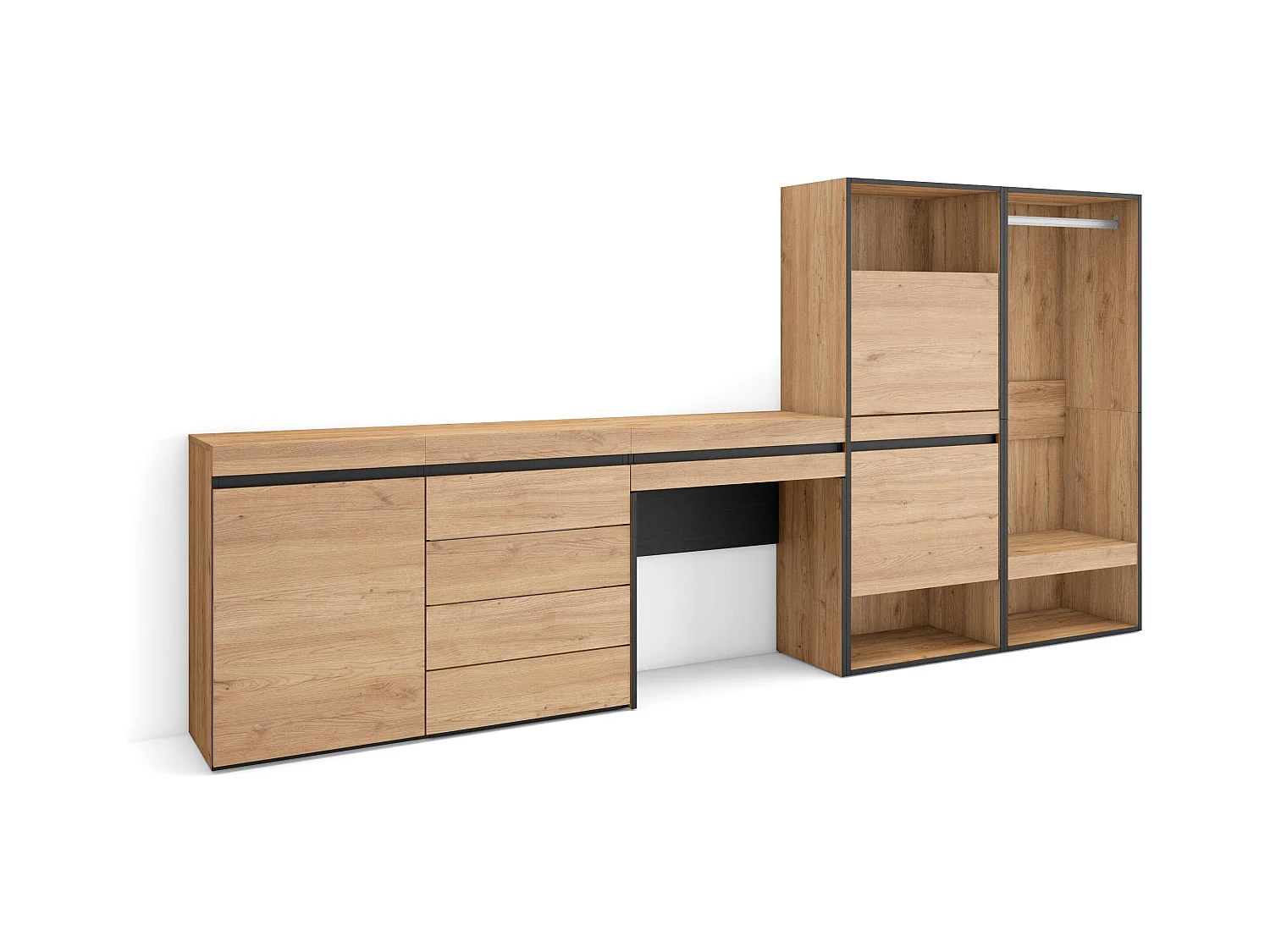 Schoenenkast, 297x35x145cm, Voor slaapkamer, kamer, Open Kledingkast, Ladekast, Commode, Kaptafel, Make-uptafel, Eiken