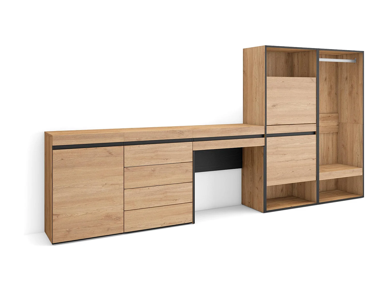 Schuhregal, Schuhschrank, 297x35x145cm, Für Schlafzimmer, Offener Kleiderschrank, Kommode mit Schubladen, Schminktisch, Eiche