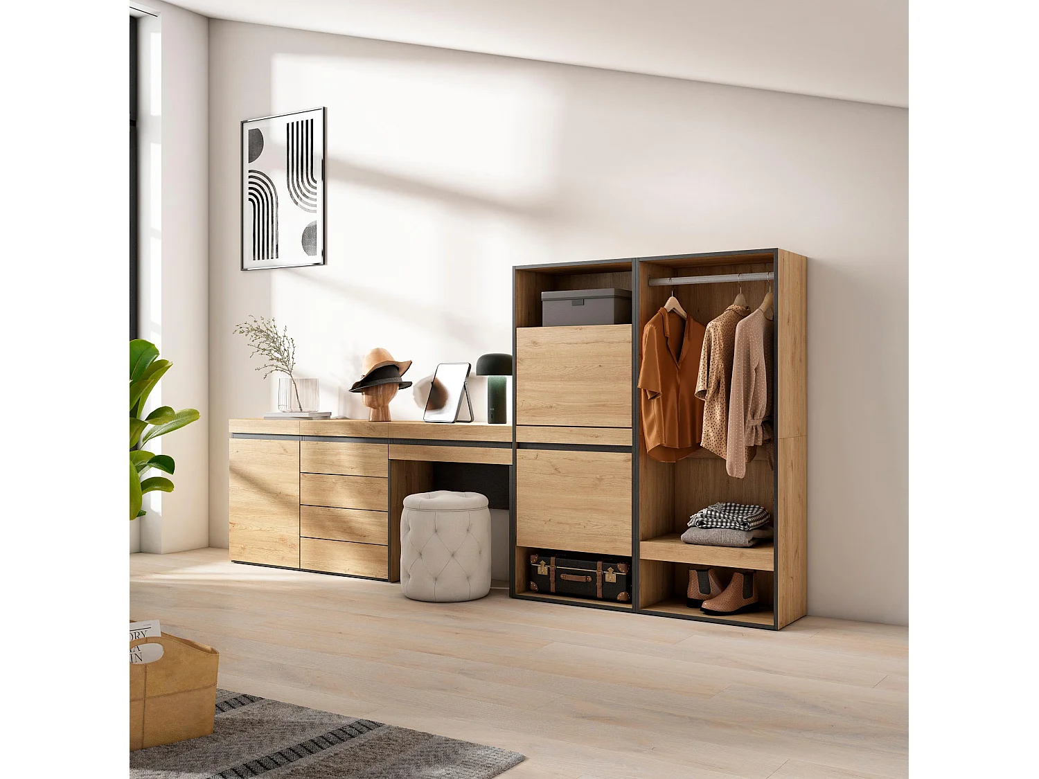 Meuble à Chaussures, 297x35x145cm, Chambre à coucher, pièce, Vestiaire ouvert, Commode, Buffet, Coiffeuse, Chêne