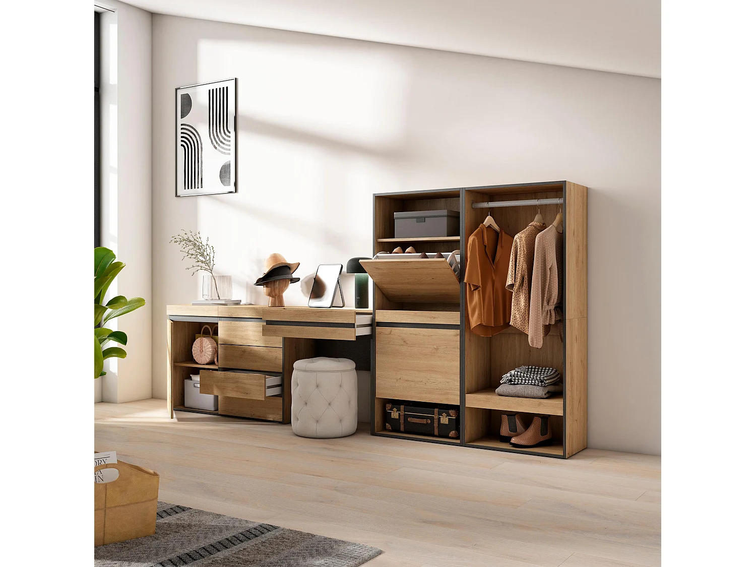 Meuble à Chaussures, 297x35x145cm, Chambre à coucher, pièce, Vestiaire ouvert, Commode, Buffet, Coiffeuse, Chêne