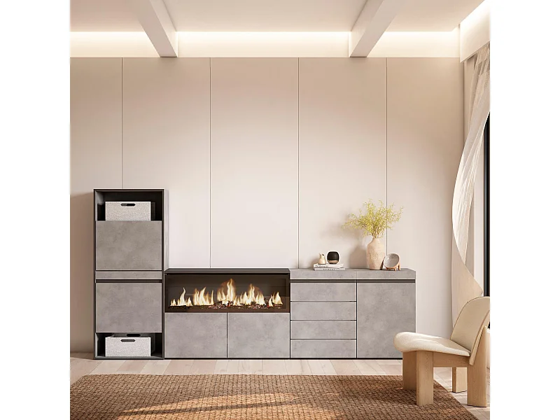 Schuhregal, Schuhschrank, 274x35x145cm, Für Schlafzimmer, Elektrokamin XXL, Kommode mit Schubladen, Zement