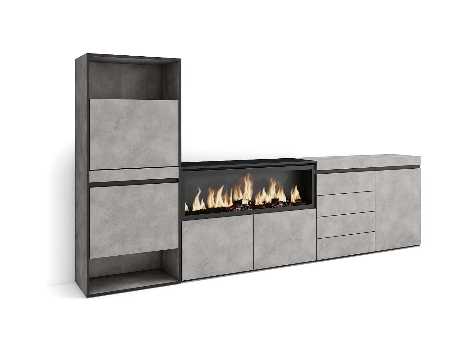 Schuhregal, Schuhschrank, 274x35x145cm, Für Schlafzimmer, Elektrokamin XXL, Kommode mit Schubladen, Zement