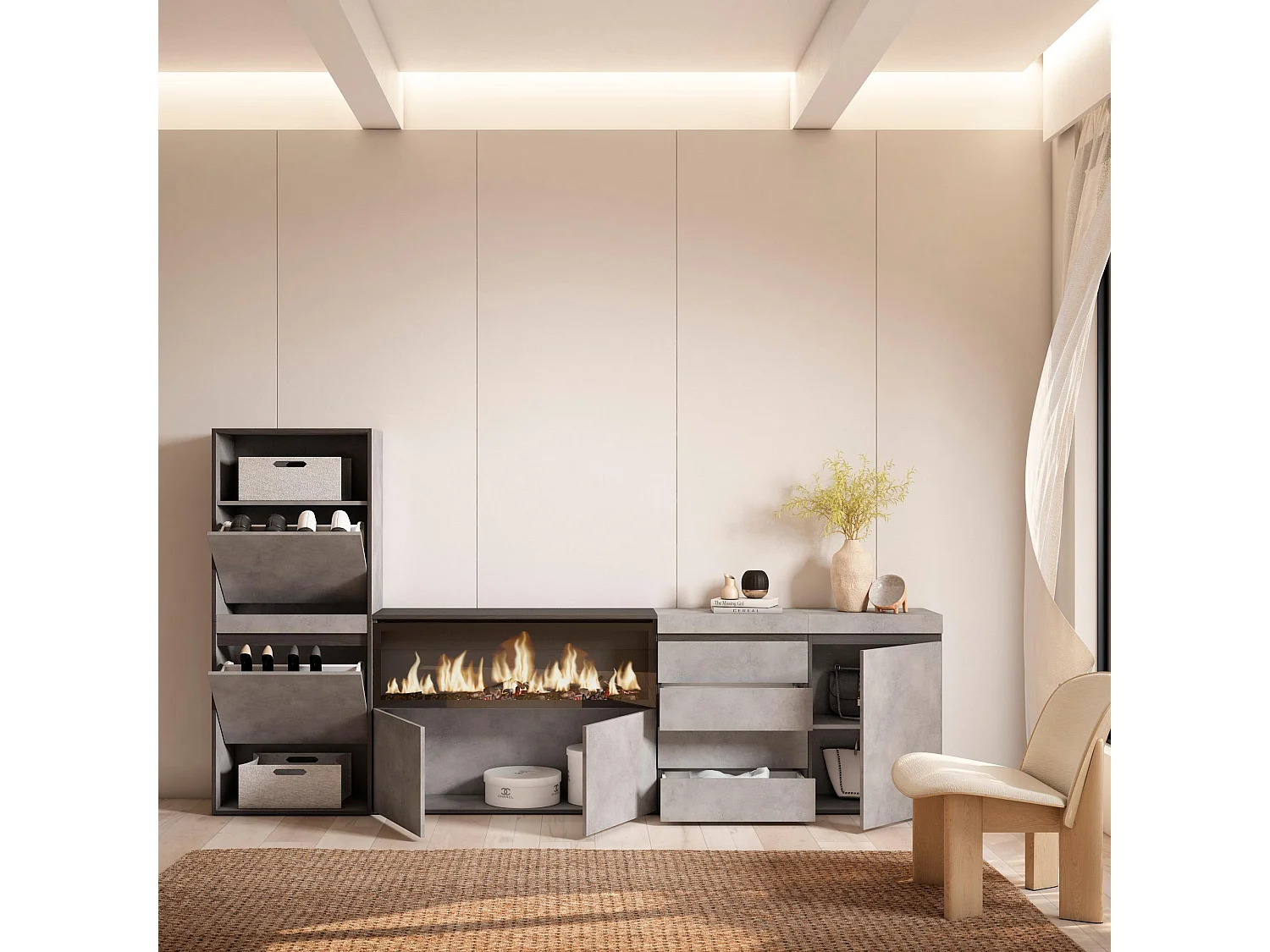 Schuhregal, Schuhschrank, 274x35x145cm, Für Schlafzimmer, Elektrokamin XXL, Kommode mit Schubladen, Zement