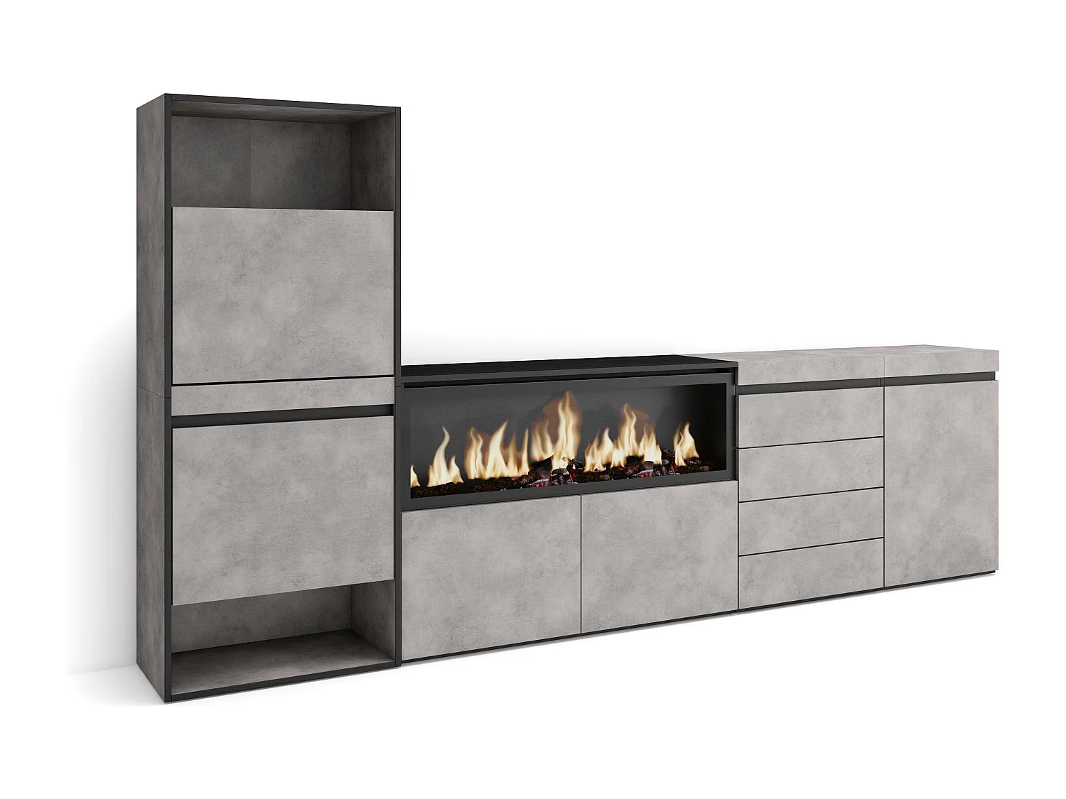 Meuble à Chaussures, 274x35x145 cm, Chambre à coucher, pièce, Cheminée électrique XXL, Commode, Buffet, Ciment