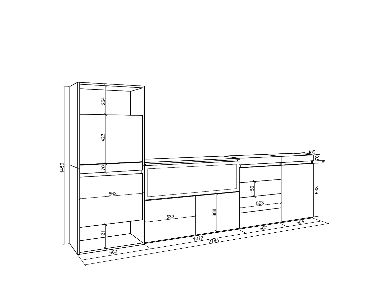 Meuble à Chaussures, 274x35x145cm, Chambre à coucher, pièce, Cheminée électrique XXL, Commode, Buffet, Ciment