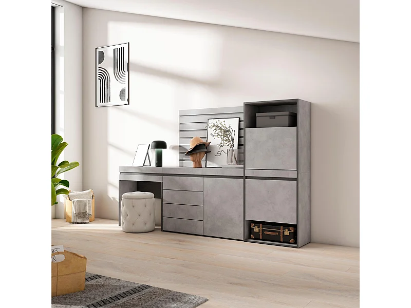 Schoenenkast, 237x35x145cm, Voor slaapkamer, kamer, Ladekast, Commode, Lamellenwand Hout, Kaptafel, Make-uptafel, Cement