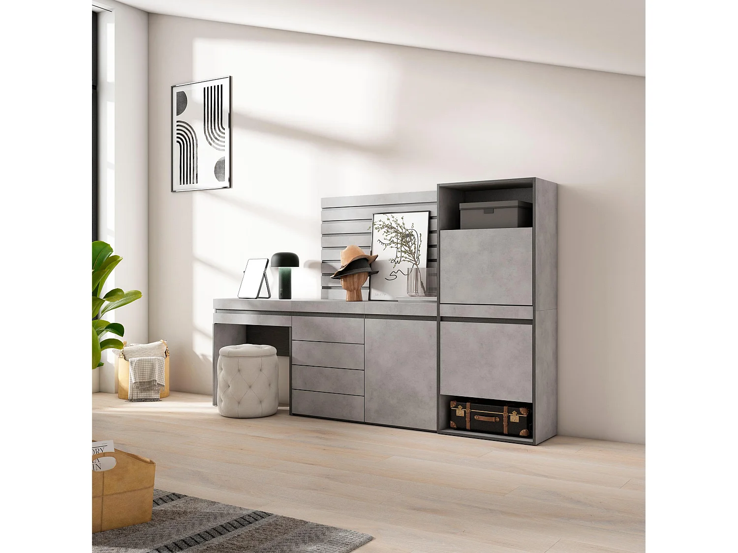 Meuble à Chaussures, 237x35x145 cm, Chambre à coucher, pièce, Commode, Buffet, Panneaux Muraux en Bois, Coiffeuse, Ciment