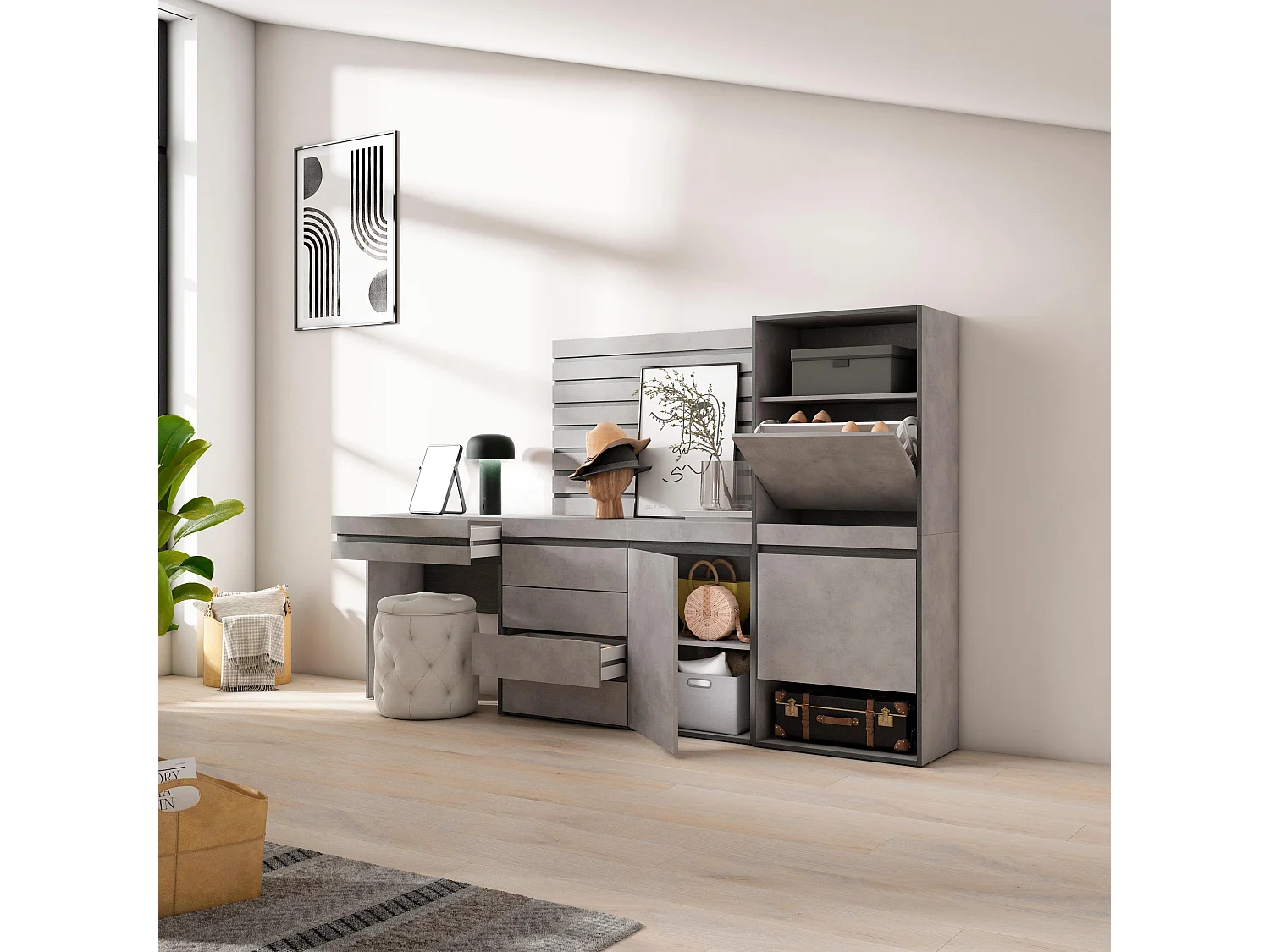 Meuble à Chaussures, 237x35x145 cm, Chambre à coucher, pièce, Commode, Buffet, Panneaux Muraux en Bois, Coiffeuse, Ciment