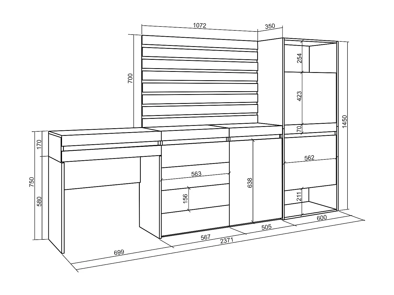 Meuble à Chaussures, 237x35x145 cm, Chambre à coucher, pièce, Commode, Buffet, Panneaux Muraux en Bois, Coiffeuse, Ciment