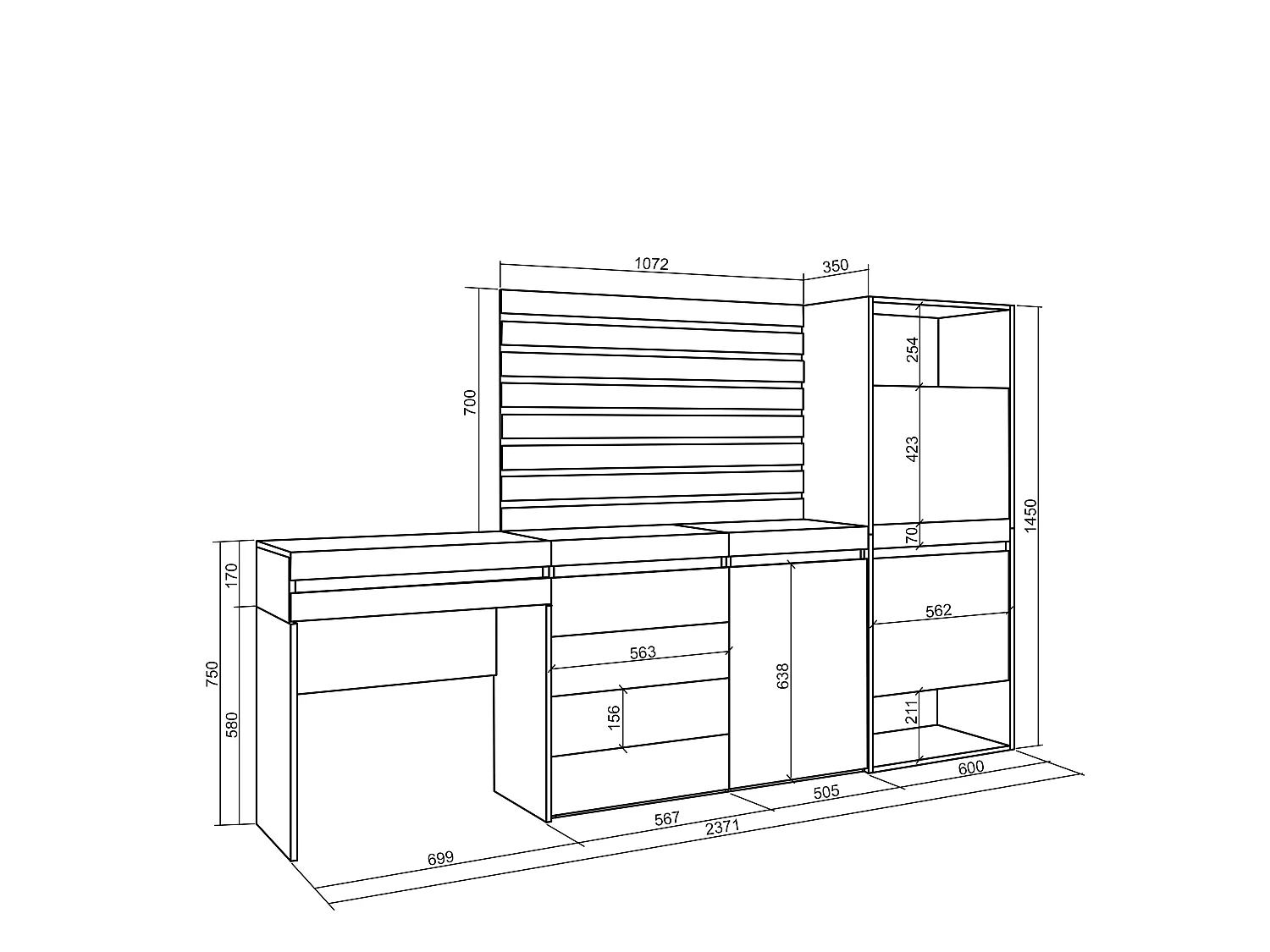Meuble à Chaussures, 237x35x145cm, Chambre à coucher, pièce, Commode, Buffet, Panneaux Muraux en Bois, Coiffeuse, Ciment