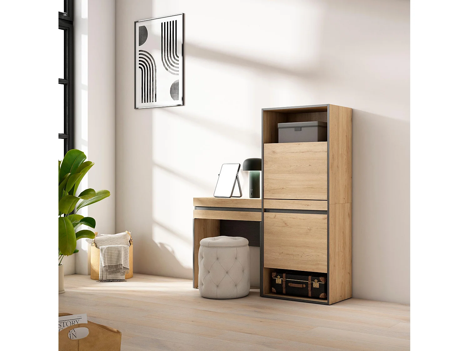 Schoenenkast, 130x35x145cm, Voor slaapkamer, kamer, Kaptafel, Make-uptafel, Eiken