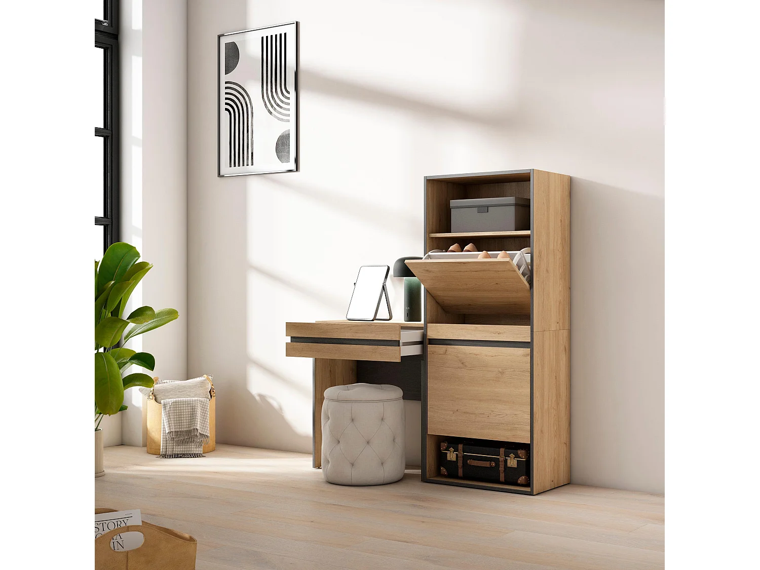 Schoenenkast, 130x35x145cm, Voor slaapkamer, kamer, Kaptafel, Make-uptafel, Eiken