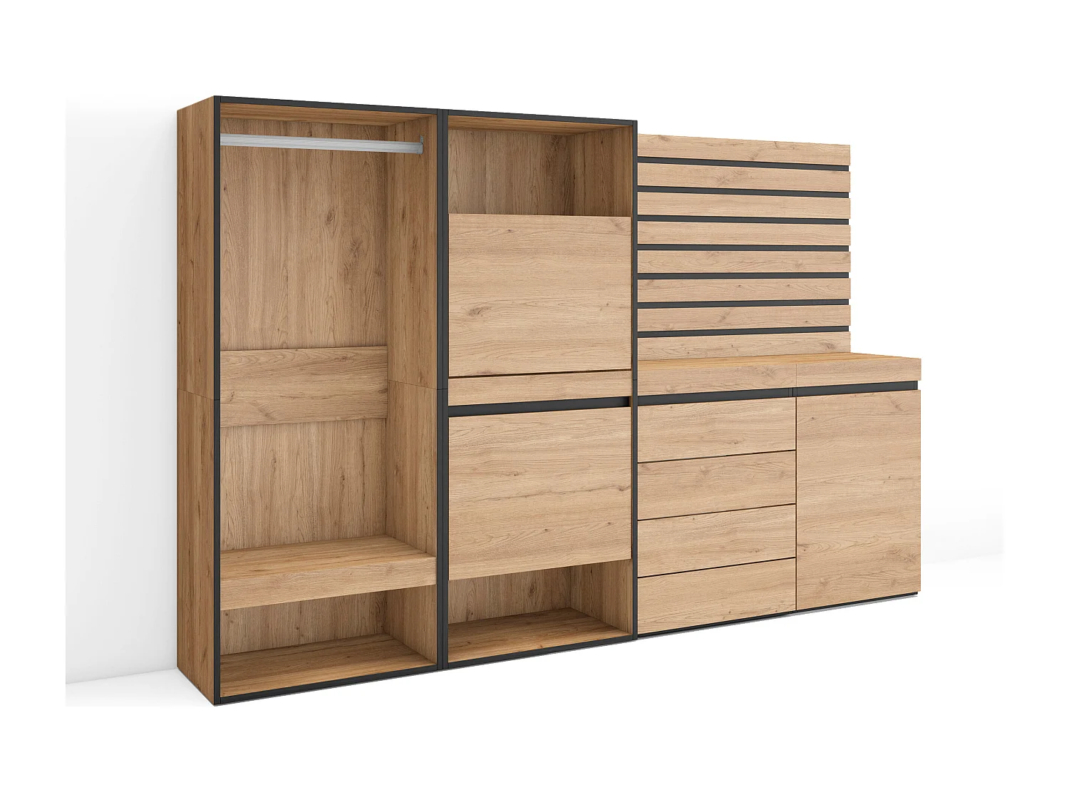 Scarpiera, 227x35x145cm, Camera da letto, stanza, Armadio Aperto, Cassettiera, Pannelli Decorativi, Rovere