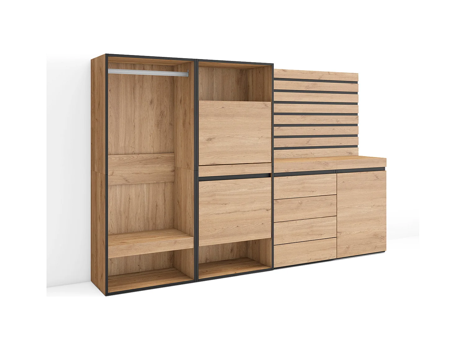 Meuble à Chaussures, 227x35x145 cm, Chambre à coucher, pièce, Vestiaire ouvert, Commode, Buffet, Panneaux Muraux en Bois, Chêne