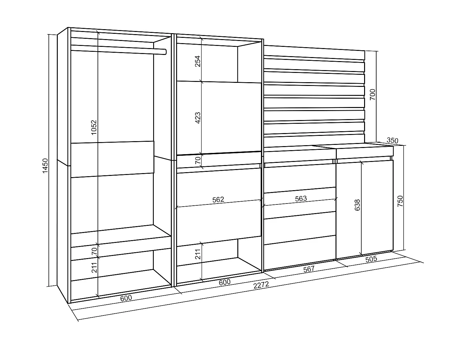 Meuble à Chaussures, 227x35x145 cm, Chambre à coucher, pièce, Vestiaire ouvert, Commode, Buffet, Panneaux Muraux en Bois, Chêne