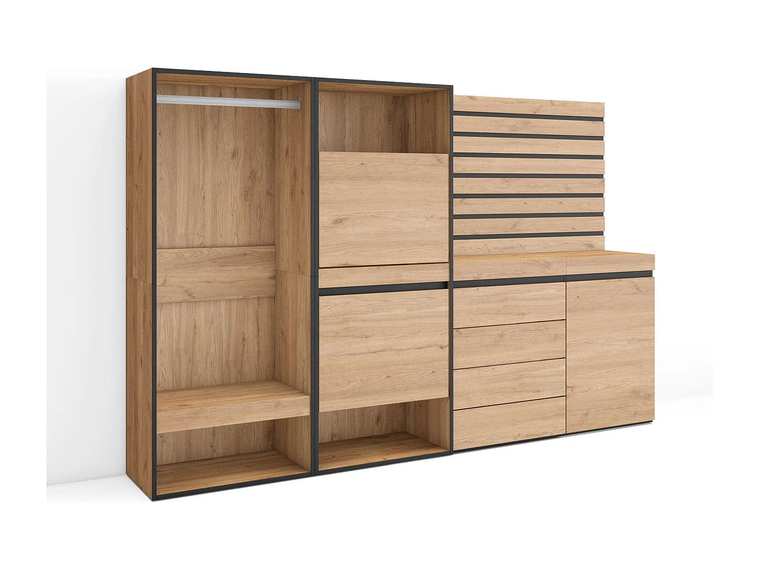 Zapatero, 227x35x145cm, Dormitorio, habitación, Vestidor abierto, Cómoda, Cajonera, Listones Decorativos, Roble