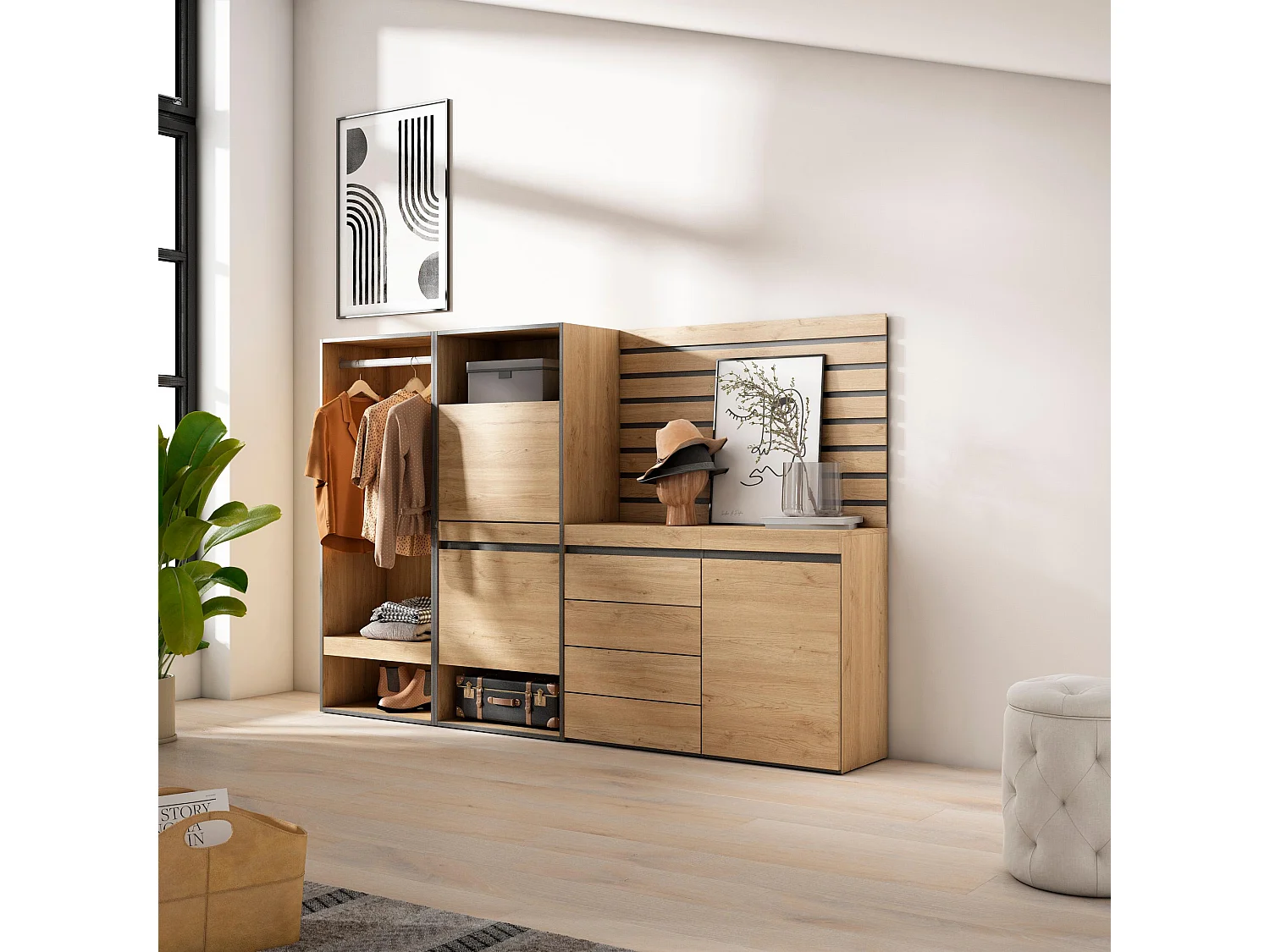 Zapatero, 227x35x145cm, Dormitorio, habitación, Vestidor abierto, Cómoda, Cajonera, Listones Decorativos, Roble