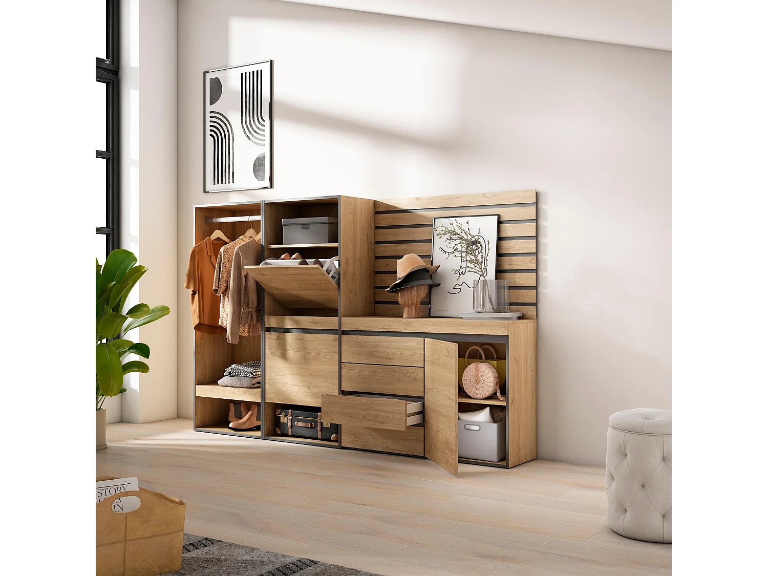 Zapatero, 227x35x145cm, Dormitorio, habitación, Vestidor abierto, Cómoda, Cajonera, Listones Decorativos, Roble