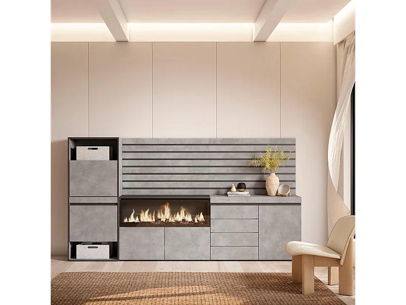 Schuhregal, Schuhschrank, 274x35x145cm, Für Schlafzimmer, Elektrokamin XXL, Kommode mit Schubladen, Lamellenwand Holz, Zement