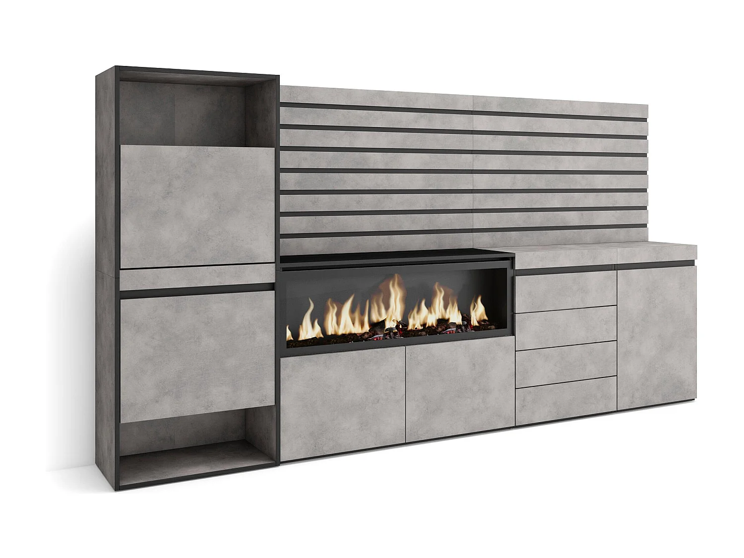 Meuble à Chaussures, 274x35x145 cm, Chambre à coucher, pièce, Cheminée électrique XXL, Commode, Buffet, Panneaux Muraux en Bois, Ciment