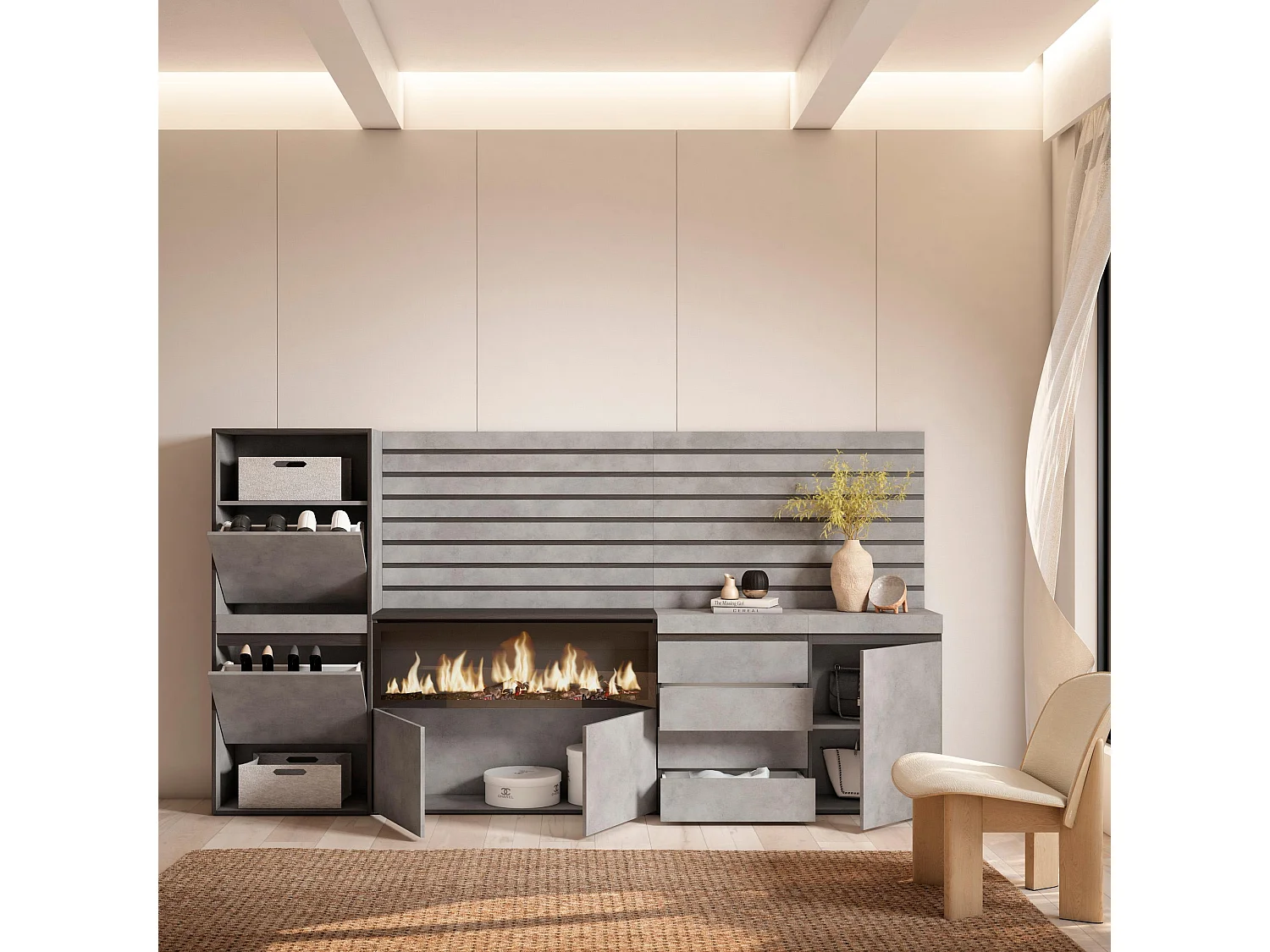 Meuble à Chaussures, 274x35x145 cm, Chambre à coucher, pièce, Cheminée électrique XXL, Commode, Buffet, Panneaux Muraux en Bois, Ciment