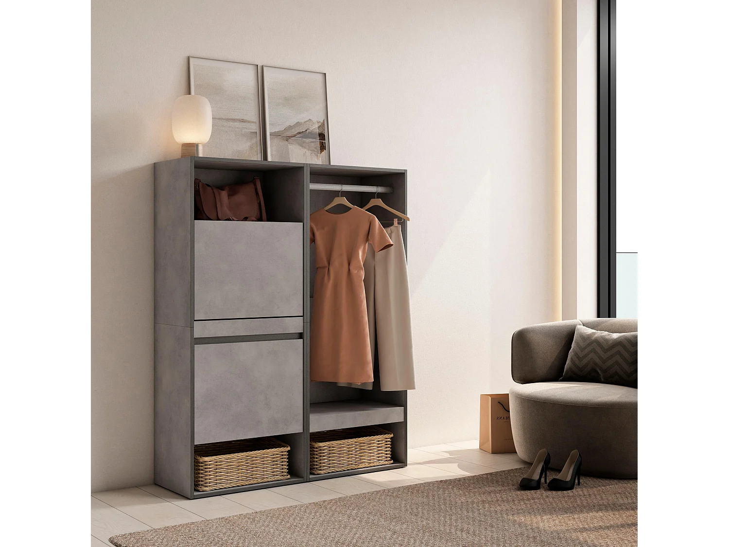 Meuble à Chaussures, 120x35x145 cm, Chambre à coucher, pièce, Vestiaire ouvert, Ciment