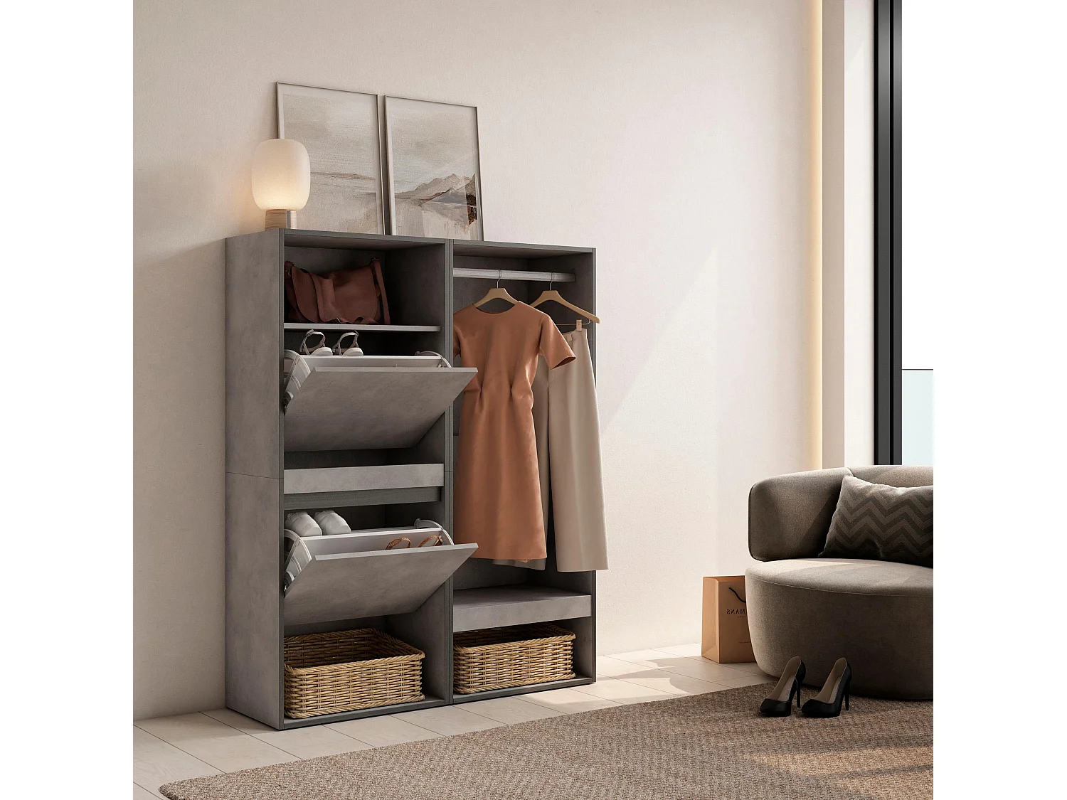 Zapatero, 120x35x145cm, Dormitorio, habitación, Vestidor abierto, Cemento