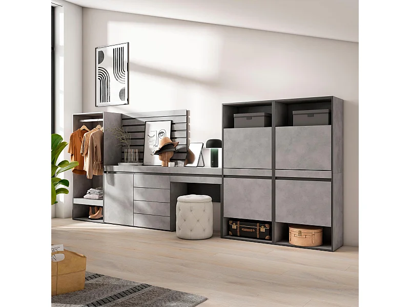 Meuble à Chaussures, 335x57x145 cm, Chambre à coucher, pièce, Vestiaire ouvert, Commode, Buffet, Panneaux Muraux en Bois, Coiffeuse, Ciment