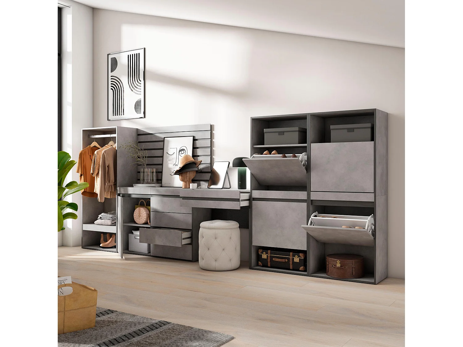 Meuble à Chaussures, 335x57x145 cm, Chambre à coucher, pièce, Vestiaire ouvert, Commode, Buffet, Panneaux Muraux en Bois, Coiffeuse, Ciment