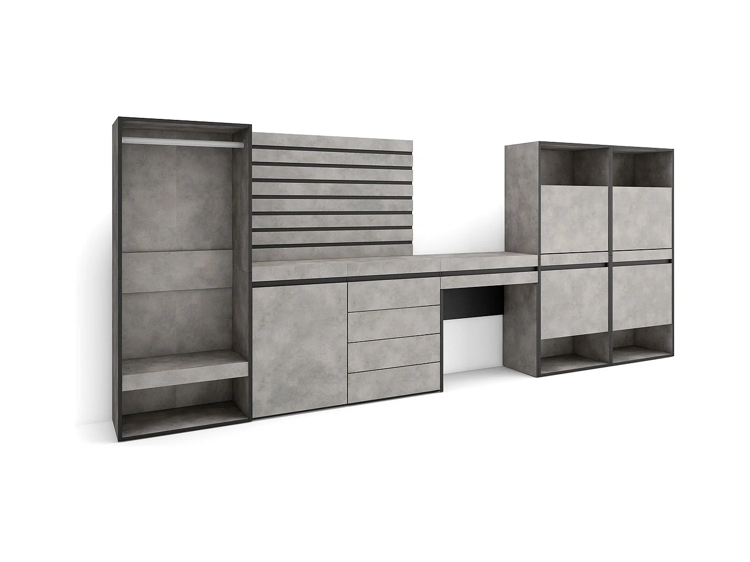 Meuble à Chaussures, 335x57x145 cm, Chambre à coucher, pièce, Vestiaire ouvert, Commode, Buffet, Panneaux Muraux en Bois, Coiffeuse, Ciment