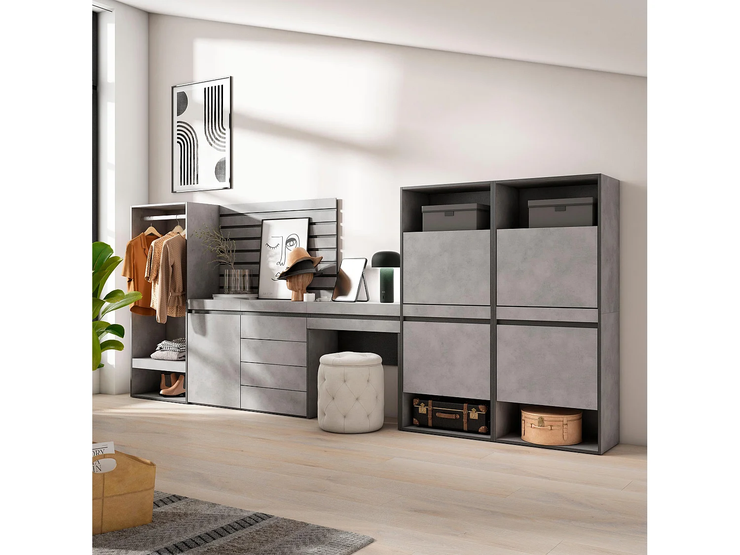 Zapatero, 335x57x145cm, Dormitorio, habitación, Vestidor abierto, Cómoda, Cajonera, Listones Decorativos, Tocador, Cemento