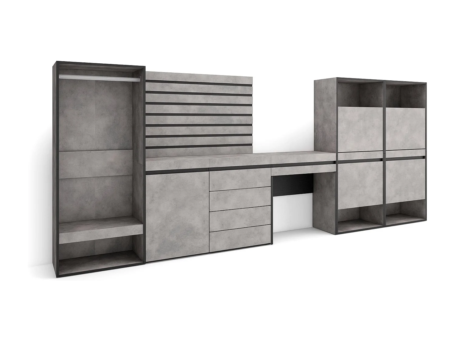 Meuble à Chaussures, 357x35x145cm, Chambre à coucher, pièce, Vestiaire ouvert, Commode, Buffet, Panneaux Muraux en Bois, Coiffeuse, Ciment