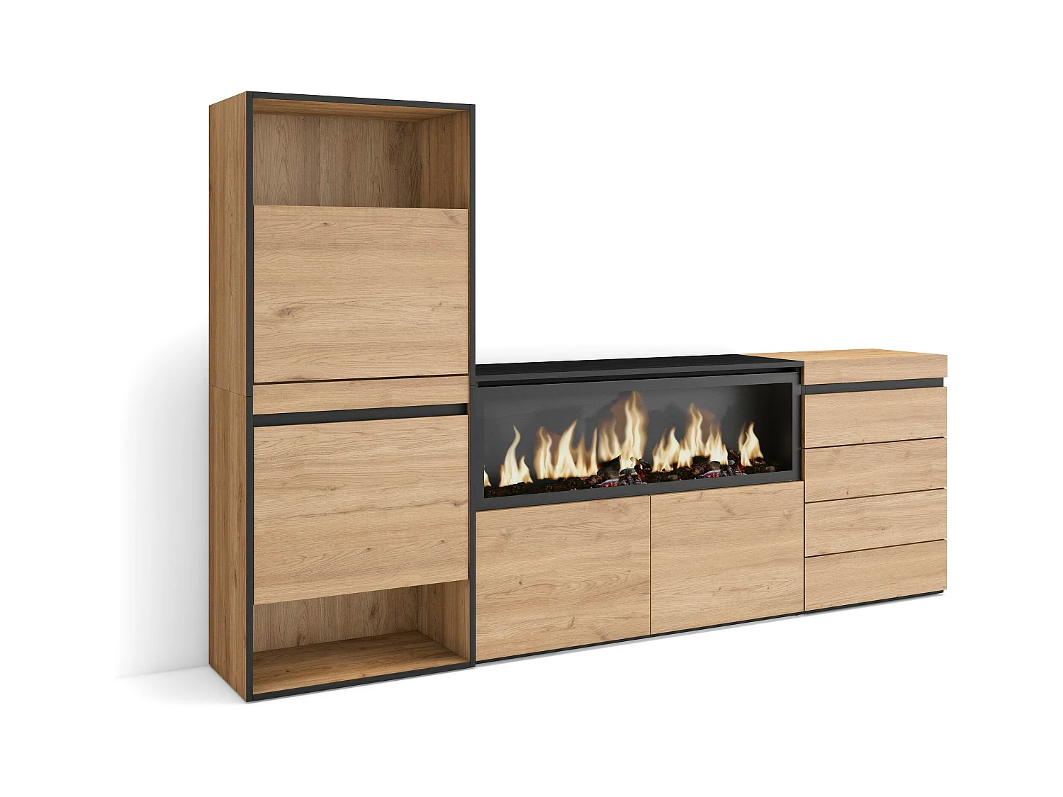 Meuble à Chaussures, 224x35x145 cm, Chambre à coucher, pièce, Cheminée électrique XXL, Commode, Buffet, Chêne