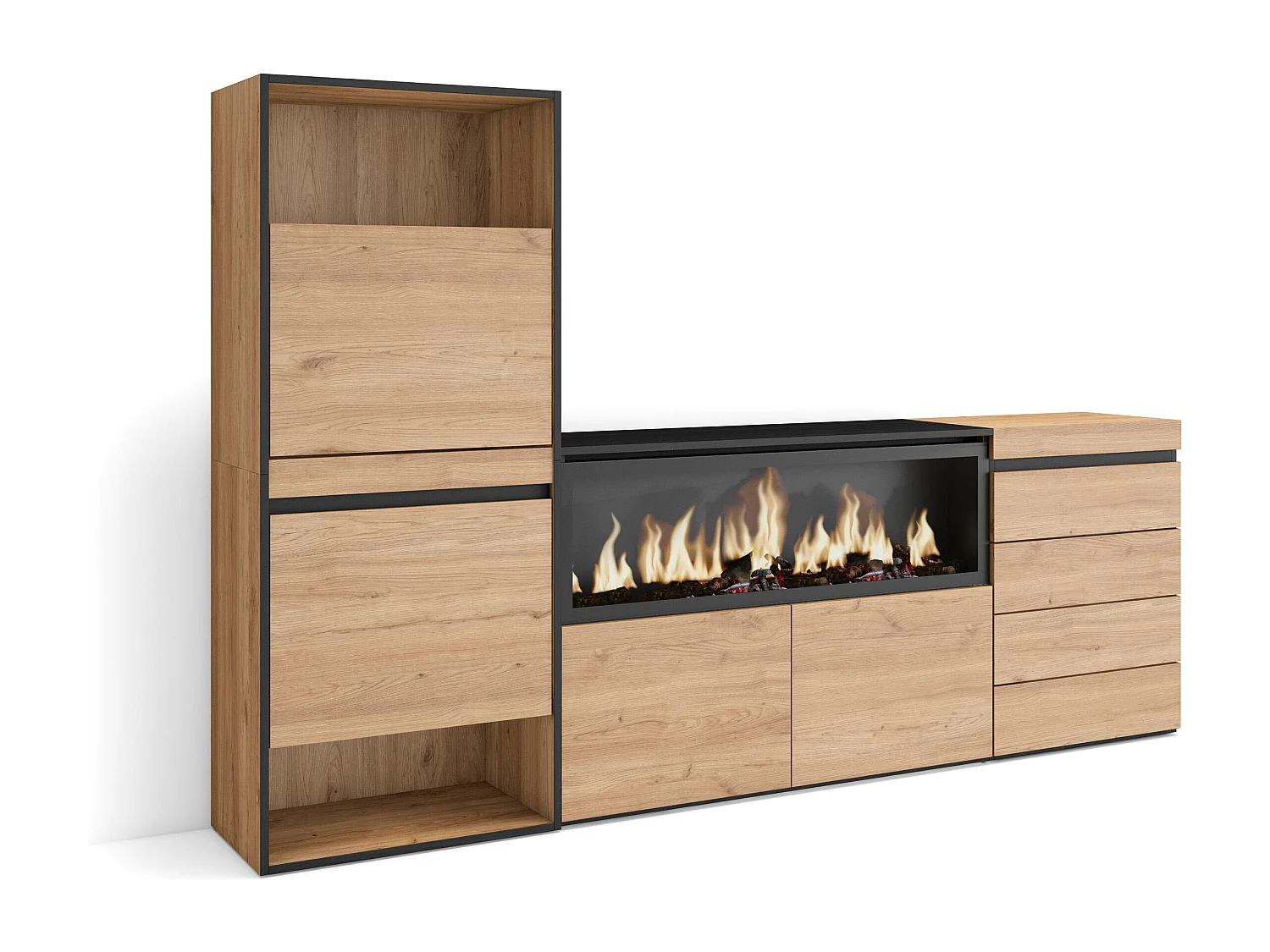 Sapateira, 224x35x145cm, Para quarto, dormitório, Lareira eléctrica XXL, Cómoda, Carvalho