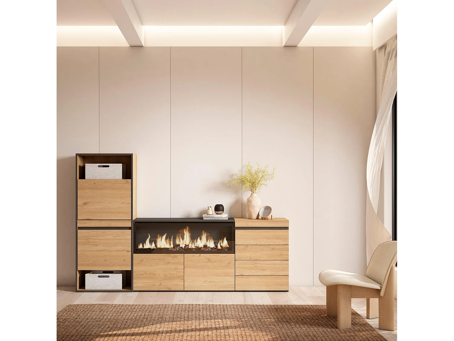 Meuble à Chaussures, 224x35x145cm, Chambre à coucher, pièce, Cheminée électrique XXL, Commode, Buffet, Chêne