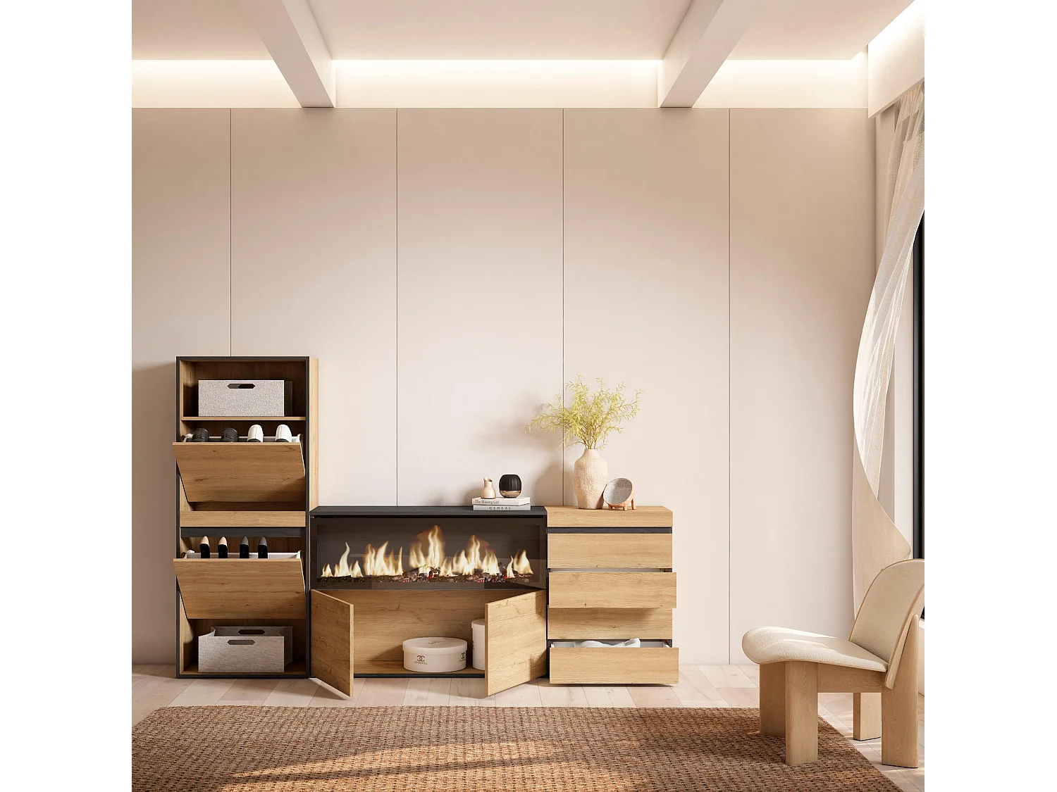 Meuble à Chaussures, 224x35x145cm, Chambre à coucher, pièce, Cheminée électrique XXL, Commode, Buffet, Chêne