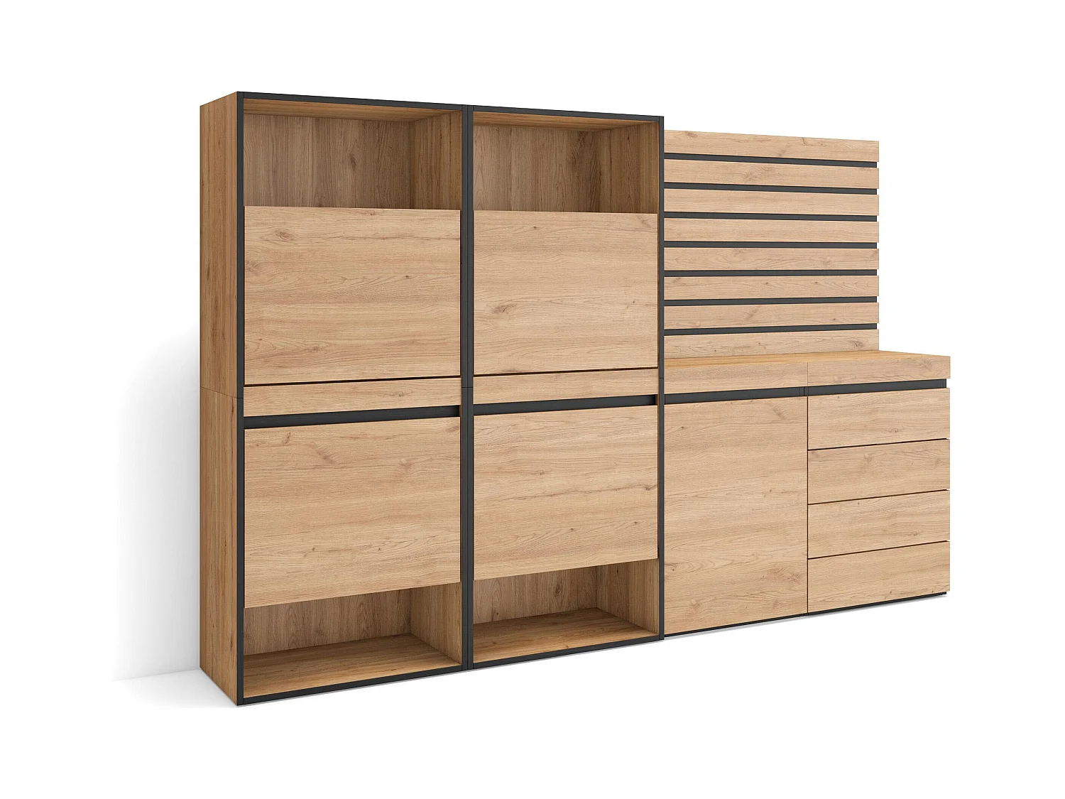 Zapatero, 227x35x145cm, Dormitorio, habitación, Cómoda, Cajonera, Listones Decorativos, Roble