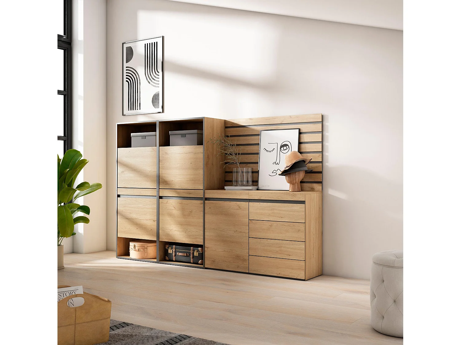 Meuble à Chaussures, 227x35x145cm, Chambre à coucher, pièce, Commode, Buffet, Panneaux Muraux en Bois, Chêne