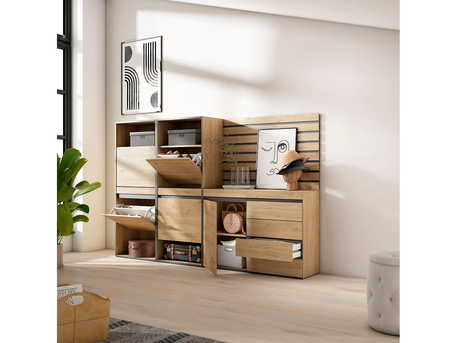 Meuble à Chaussures, 227x35x145cm, Chambre à coucher, pièce, Commode, Buffet, Panneaux Muraux en Bois, Chêne