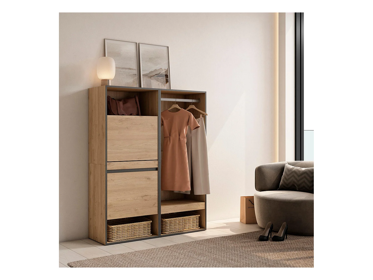 Schuhregal, Schuhschrank, 120x35x145cm, Für Schlafzimmer, Offener Kleiderschrank, Eiche