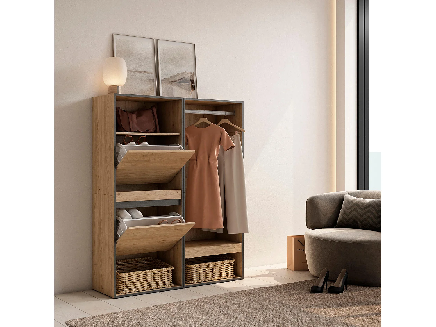 Schuhregal, Schuhschrank, 120x35x145cm, Für Schlafzimmer, Offener Kleiderschrank, Eiche
